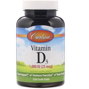  Витамин D3, Vitamin D3, Carlson, 1000 МЕ (25 мкг), 250 гелевых капсул