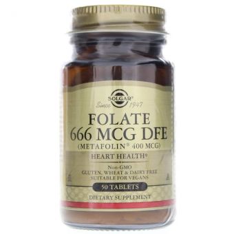 Фолат, Folate, Solgar, фолиевая кислота (метилфолат), 666 мкг DFE (400 мкг), 50 таблеток