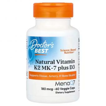 Витамин K2 (MK-7) плюс D3, Natural Vitamin K2 Plus D3 with MK-7, Doctor's Best, 180 мкг, 60 вегетарианских капсул