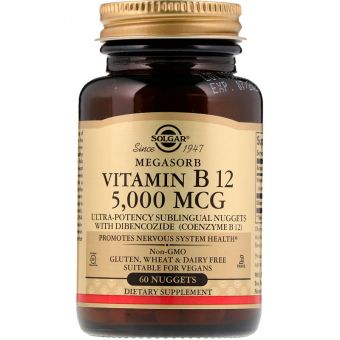 Витамин В12,  Vitamin B12, Solgar, сублингвальный, 5000 мкг, 60 таблеток