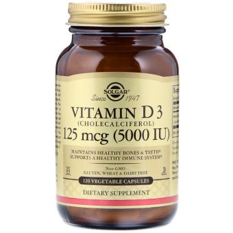 Вітамін Д3 (холекальциферол), Vitamin D3 Cholecalciferol, Solgar, 125 мкг (5000 МО), 120 вегетаріанських капсул