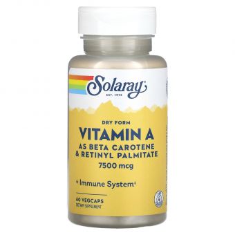 Витамин А, Dry Vitamin A, Solaray, 7500 мкг, 60 вегетарианских капсул