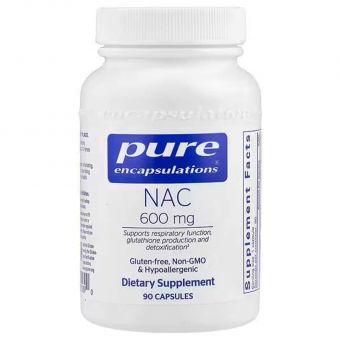 NAC (N-ацетилцистеин), n-acetyl-l-cysteine, Pure Encapsulations, поддержка дыхательной функции, выработки глутатиона и детоксикации, 600 мг, 90 капсул