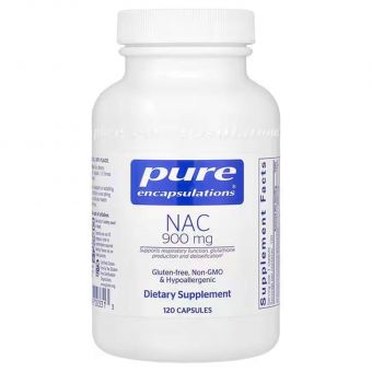 NAC (N-ацетилцистеїн), n-acetyl-l-cysteine, Pure Encapsulations, підтримка дихальної функції, утворення глутатіону і детоксикації, 900 мг, 120 капсул