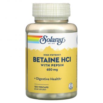 Бетаин HCl + пепсин, Betaine HCL with Pepsin, Solaray, высокоэффективный, 650 мг, 100 вегетарианских капсул