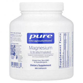 Магний цитрат/малат, Magnesium (citrate/malate), Pure Encapsulations, для поддержки усвоения питательных веществ, костей и здоровья сердца, 180 капсул