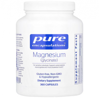 Магний глицинат, Magnesium (glycinate), Pure Encapsulations, для снятия стресса, сна, здоровья сердца, нервов, мышц и метаболизма, 360 капсул