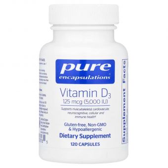 Витамин D3, Vitamin D3, Pure Encapsulations, для поддержки здоровья костей, суставов, груди, простаты, сердца, толстой кишки и иммунитета, 5,000 МЕ, 120 капсул