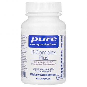 Витамины группы B (сбалансированная витаминная формула), B-Complex Plus, Pure Encapsulations, для поддержки роста красных кровяных телец, неврологического и психологического здоровья, сердечно-сосудистой системы, уровня энергии и зрения, 60 капсул