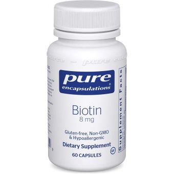 Биотин, Biotin, Pure Encapsulations, для снятия стресса, укрепления волос, кожи и ногтей, метаболизма, поддержки глюкозы и нервной системы, 8 мг, 60 капсул