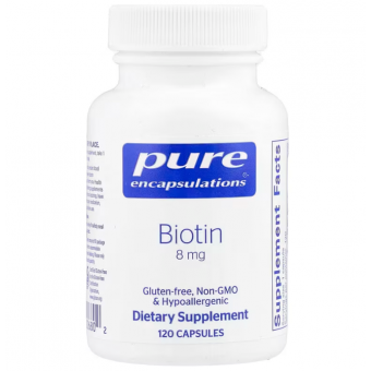 Биотин, Biotin, Pure Encapsulations, для снятия стресса, укрепления волос, кожи и ногтей, метаболизма, поддержки глюкозы и нервной системы, 8 мг, 120 капсул