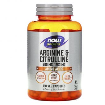 Аргинин и цитруллин, Arginine & Citrulline, Now Foods, Sports, 500 мг/250 мг, 120 вегетарианских капсул