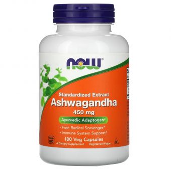 Ашваганда, Ashwagandha, Now Foods, стандартизированный экстракт, 450 мг, 180 вегетарианских капсул