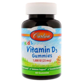 Витамин Д3 для детей, Vitamin D3 Gummies, Carlson, фруктовый вкус, 1,000 МЕ, 60 жевательных конфет