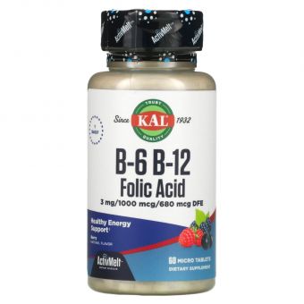 Вітамін B12 + B6 фолієва кислота, Vitamin B6 B12 Folic Acid, KAL, ягоди, 60 таблеток