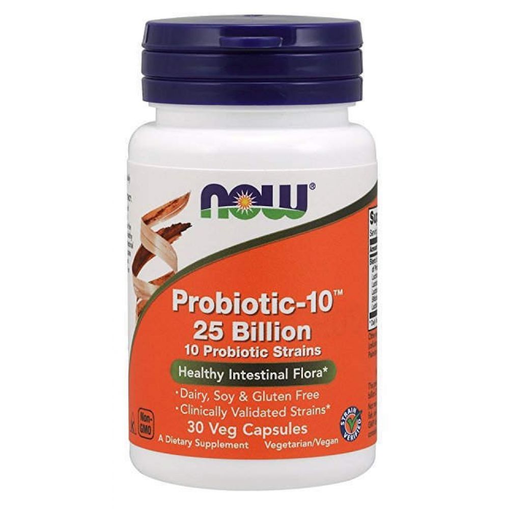 Пробиотик-10, Probiotic, Now Foods, 25 млрд КОЕ, с 10 пробиотическими штаммами, без молочных продуктов, сои и глютена, 30 капсул