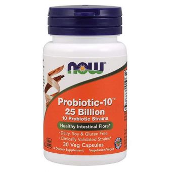 Пробиотик-10, Probiotic, Now Foods, 25 млрд КОЕ, с 10 пробиотическими штаммами, без молочных продуктов, сои и глютена, 30 капсул