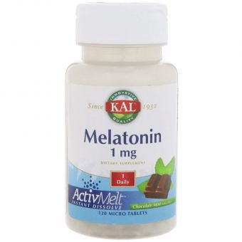 Мелатонин, Melatonin, KAL, вкус шоколада и мяты, 1 мг, 120 таблеток