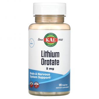 Литий, Lithium Orotate, KAL, 5 мг, 120 капсул