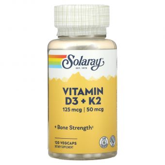 Вітаміни Д3 і К2, Vitamin D-3 + K-2, Solaray, без сої, 120 капсул