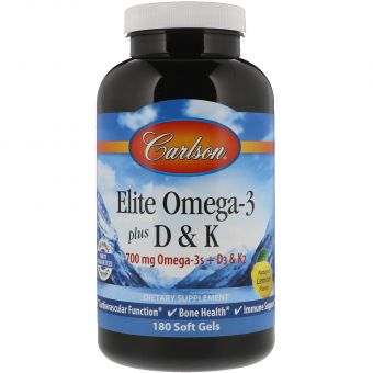 Омега 3 + витамин Д3 и витамин К, Omega-3 Plus D & K, Carlson, 180 гелевых капсул