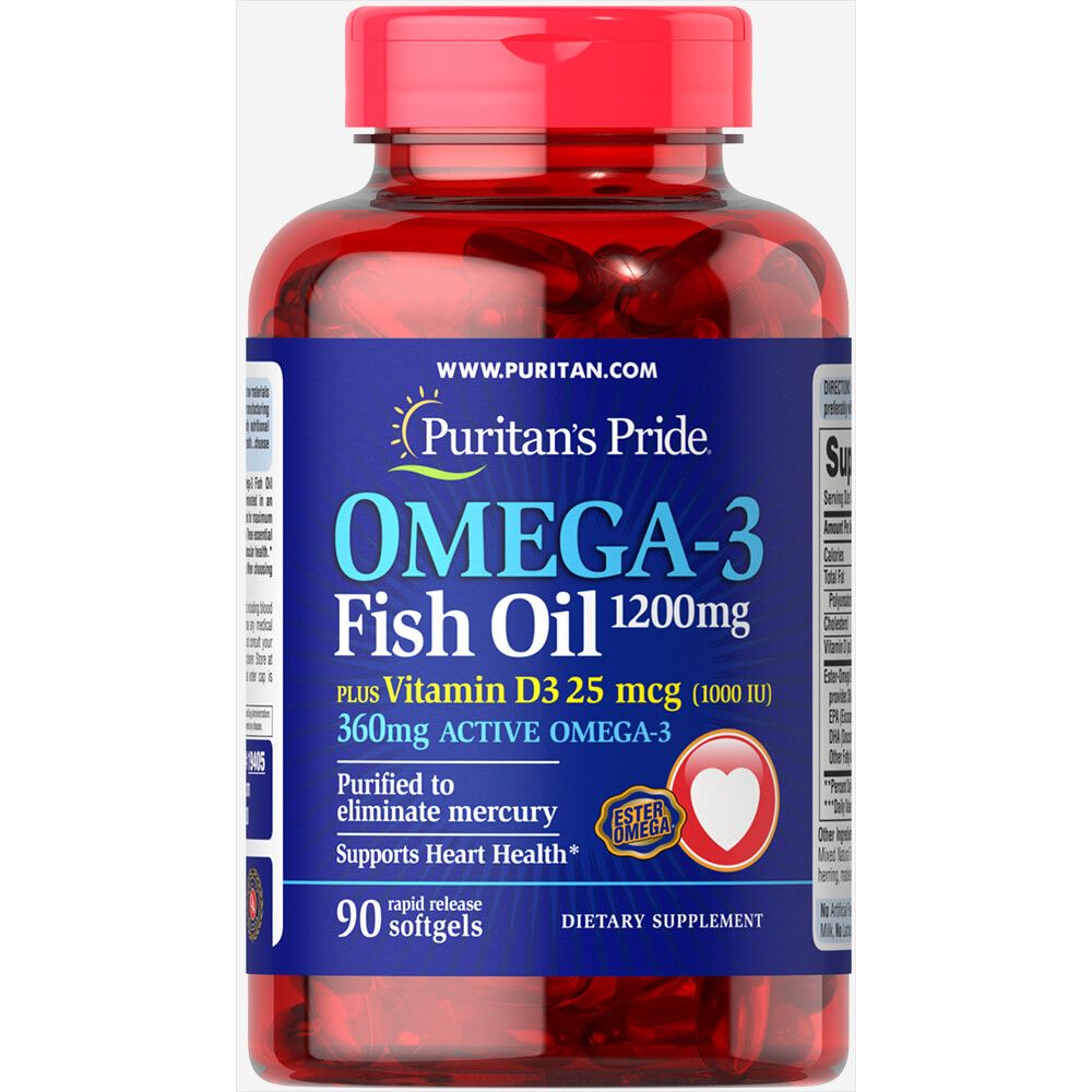 Омега-3 рыбий жир + витамин Д3, Omega-3 Fish Oil of Vitamin D3, Puritan's Pride, 1200/1000 МЕ, 90 капсул