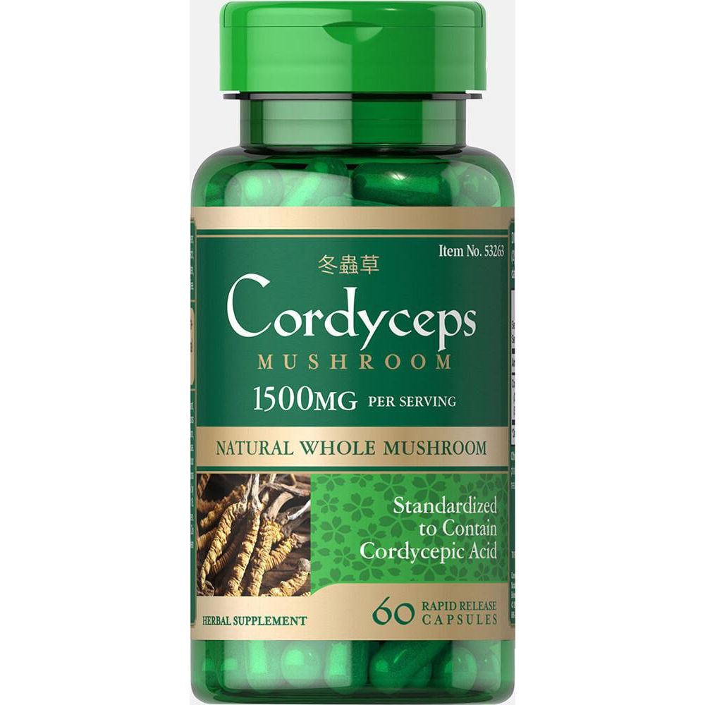 Кордицепс, Cordyceps Mushroom, Puritan's Pride, 1500 мг, 60 капсул