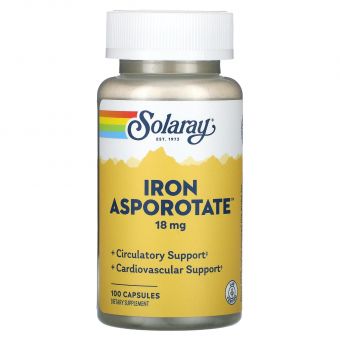 Железо, Iron Asporotate, Solaray, 18 мг, 100 капсул