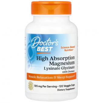 Магній лізинат-гліцинат, High Absorption Magnesium, Doctor's Best, 100% хелатний, 105 мг, 120 вегетаріанських капсул (52.5 мг у капсулі)