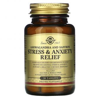 Зняття стресу і тривоги, Ашваганда і шафран, Stress & Anxiety Relief, Ashwagandha and Saffron, Solgar, 30 таблеток