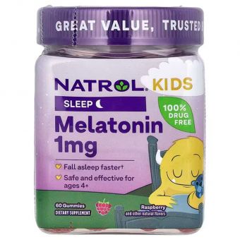 Мелатонин для детей от 4 лет, Kids, Melatonin, Ages 4+, Natrol, со вкусом малины, 60 жевательных конфет