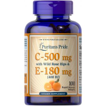 Витамин С и Е с шиповником, Vitamin C & E, Puritan's Pride, 500 мг/400 МЕ, 100 гелевых капсул