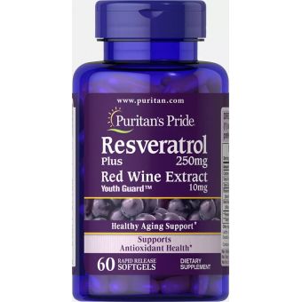 Ресвератрол, Resveratrol, Puritan's Pride, 250 мг, 60 гелевых капсул