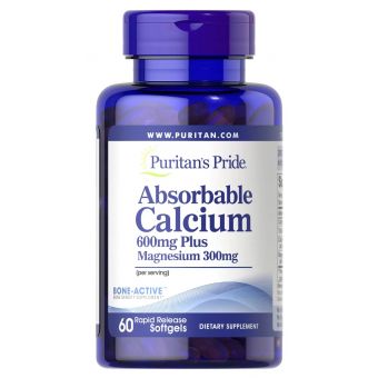 Кальций плюс магний, Absorbable Calcium plus Magnesium, Puritan's Pride, 600 мг/300 мг, 60 гелевых капсул