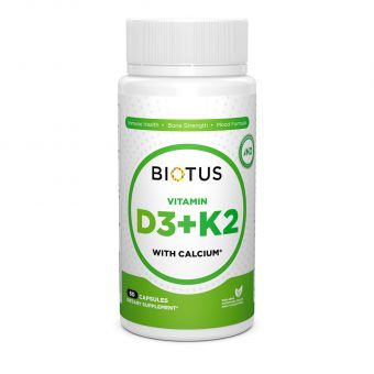 Витамин Д3, К2 с кальцием, Vitamin D3 + K2 with Calcium, Biotus, 60 капсул 