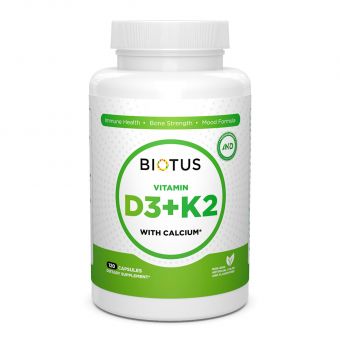 Витамин Д3, К2 с кальцием, Vitamin D3 + K2 with Calcium, Biotus, 120 капсул