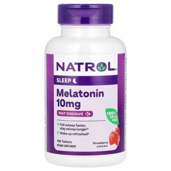 Мелатонін, Melatonin, Natrol, максимальна сила, смак полуниці, 10 мг, 100 таблеток