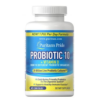 Пробиотик-10 с витамином D, Probiotic 10 with Vitamin D, Puritan's Pride, 20 млрд активных культур, для поддержки здоровья иммунной системы, 60 капсул