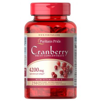 Журавлина з вітамінами С і Е, Cranberry Fruit Concentrate, Puritan&#39;s Pride, фруктовий концентрат, 4200 мг, 250 гелевих капсул