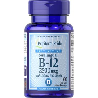 Витамин B-12 с фолиевой кислотой, витамином B-6 и биотином, Sublingual Vitamin B-12, Puritan's Pride, сублингвальный, 2500 мкг, 60 микроледенцов