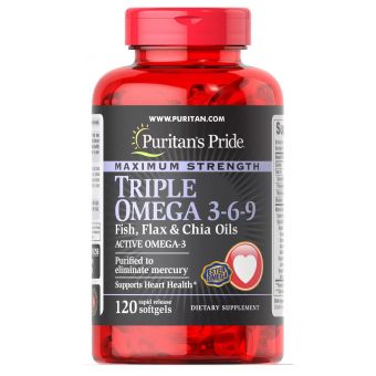 Омега 3-6-9, Triple Omega 3-6-9, Puritan's Pride, с рыбьим жиром, льняным маслом и маслом чиа, 120 гелевых капсул