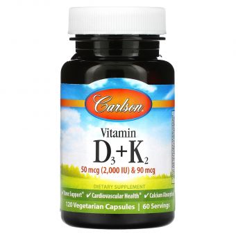 Витамин D3 + K2, Vitamin D3 + K2, Carlson, 120 капсул