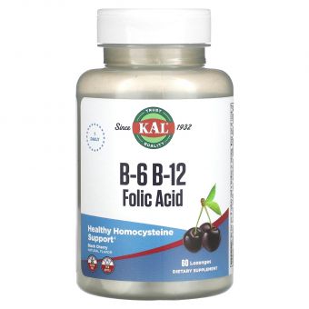 Вітаміни B-6, B-12 та фолієва кислота, B6, B12 Folic Acid, KAL, смак чорної вишні, 60 льодяників