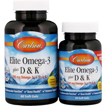 Омега 3 + вітамін Д3 і вітамін К, Omega-3 Plus D & K, Carlson, 60 + 30 гелевих капсул