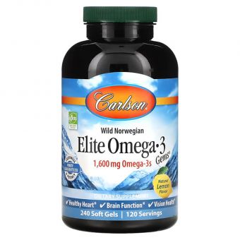 Омега-3, Elite Omega-3, Carlson, вкус лимона, 1600 мг, 240 гелевых капсул (800 мг на 1 капсулу)