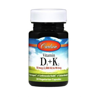 Витамин Д3 и К2, Vitamin D3 + K2, Carlson, 30 капсул