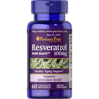 Ресвератрол, Resveratrol, Puritan's Pride, 100 мг, 60 гелевых капсул с быстрым высвобождением