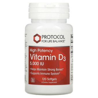 Витамин Д3, Vitamin D3, Protocol for Life Balance, 5000 МЕ, 120 гелевых капсул