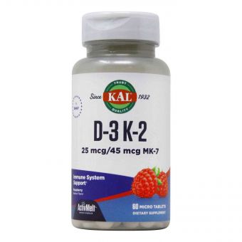 Вітаміни Д-3 та K-2, Vitamin D-3 K-2, KAL, смак червоної малини, 1000 МО/45 мкг MK-7, 60 мікротаблеток