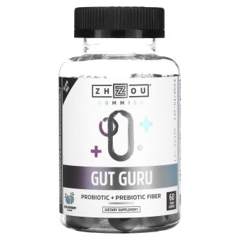 Пробиотик + пребиотическая клетчатка, Gut Guru, Zhou Nutrition, вкус голубой малины, 60 веганских жевательных конфет